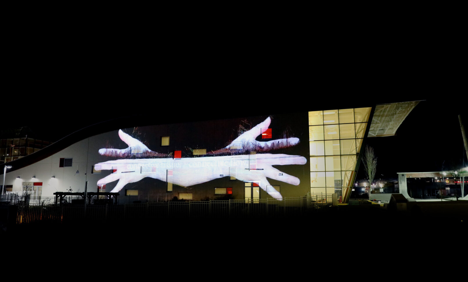 Body as Border: Traces and Flow of Connections (2022) prOphecy sun, Freya Zinovieff, Gabriela Aceves Sepúlveda and Steve DiPaola. Installed at Urban Screen, Surrey, B.C.